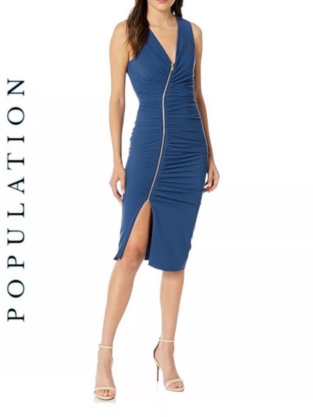 Dress the Population Blue Ruched Zip-Front Midi Dress